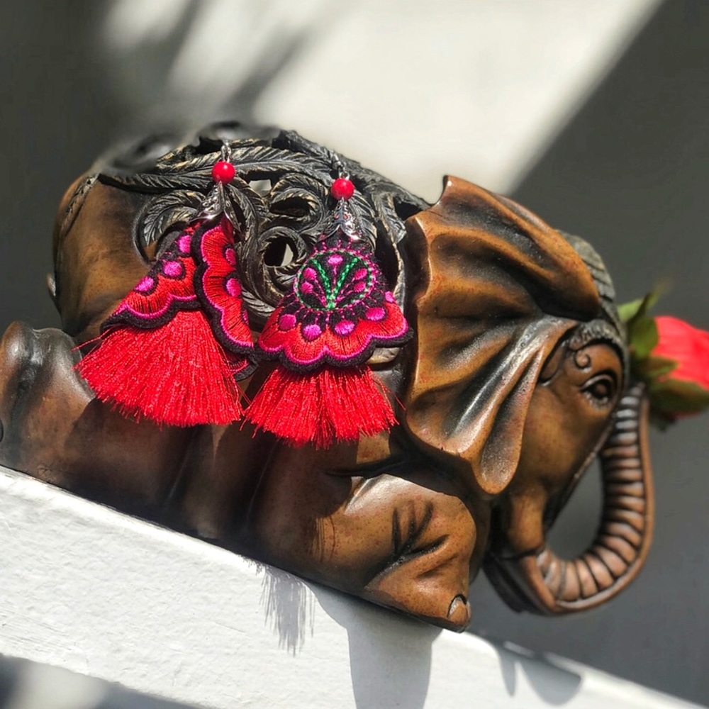Beautiful Floral Boho Embroidered Tassel Earrings - Picture 3 of 8